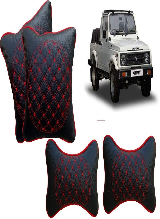 Selifaur Black and Red Double Quilted Car Cushion and Neck Rest Pillow Set of 4 for Gypsy_Mg410 - Image 1